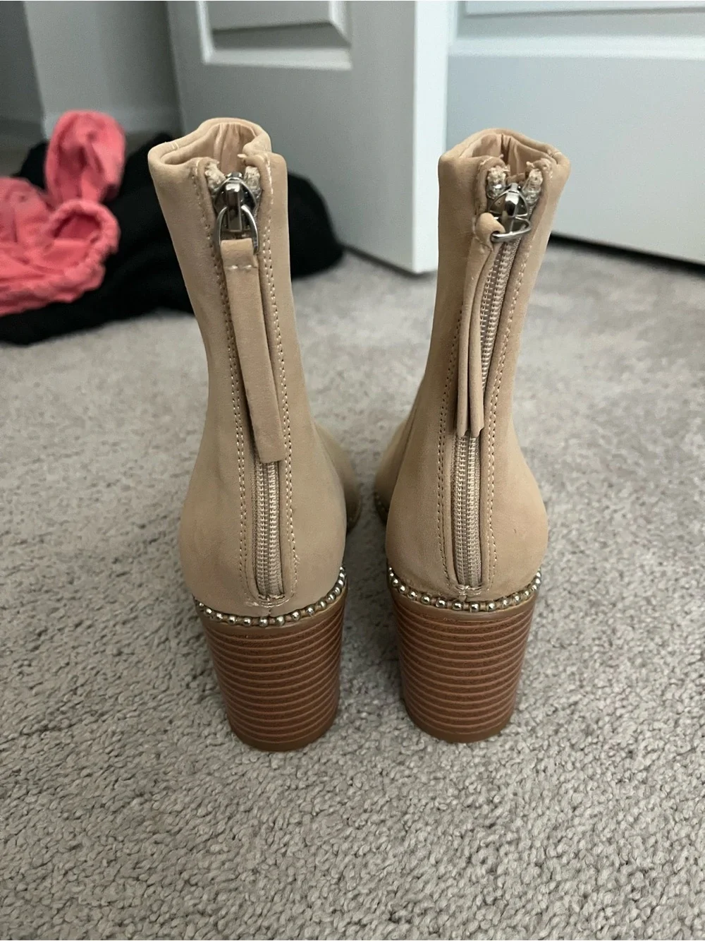 Women's Beige Pointed Toe Studded Ankle Boots